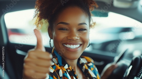 Radiant smile and thumbs up from a joyful driver, capturing the essence of positivity and satisfaction behind the wheel of a car. Vibrant energy shines through.