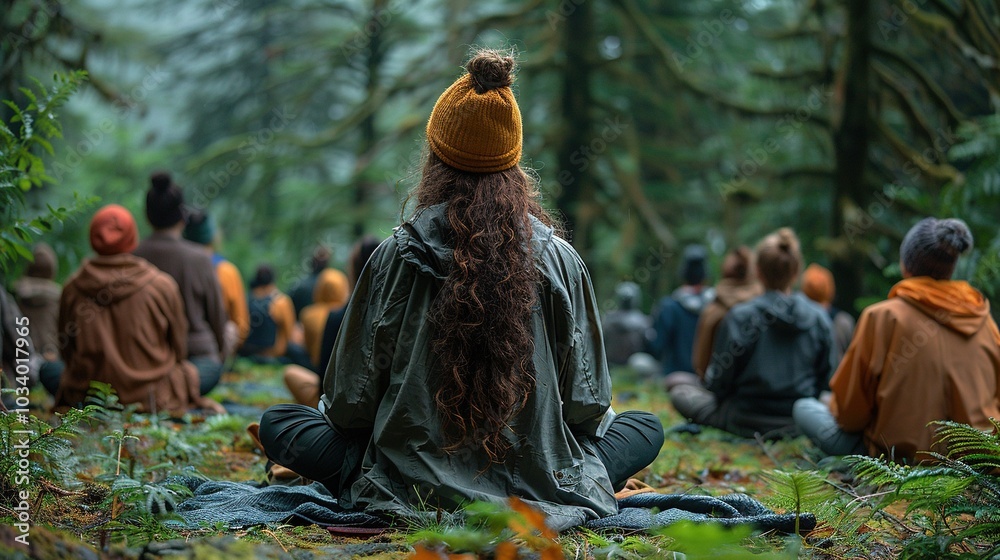 Fototapeta premium A group meditates in a serene forest, promoting mindfulness and connection with nature.