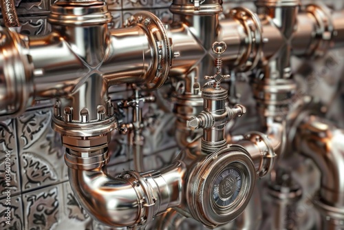 Pipes and valves installed on a wall in an industrial setting