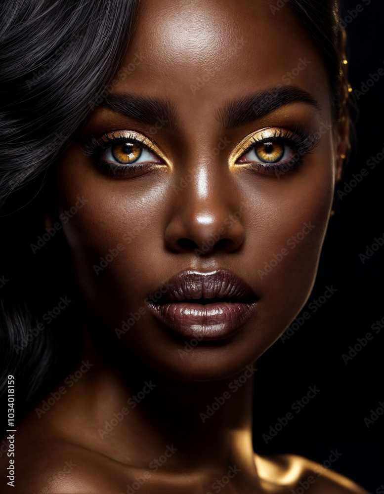 A close-up portrait showcasing a woman with striking golden eyeshadow and expertly applied makeup