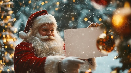 Santa Claus in a magical winter scene, pointing to a blank banner with Christmas ornaments hanging. photo