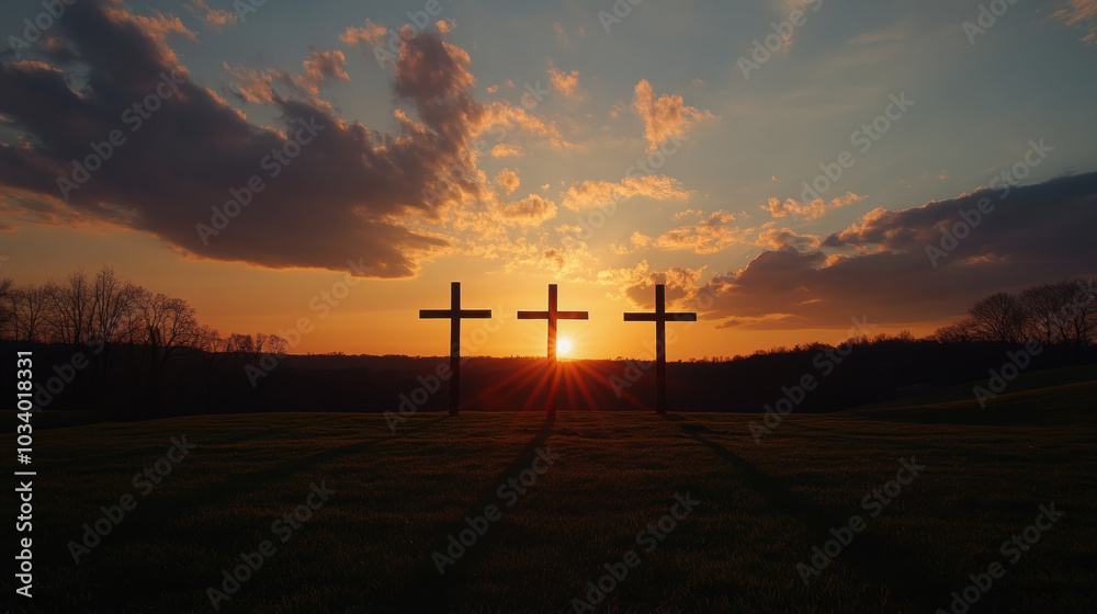 Obraz premium The Three Crosses on Calvary in the Sunset. Christianity and Jesus Christ simbolism.