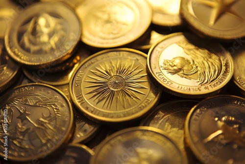 A Pile of Golden Coins with Various Designs