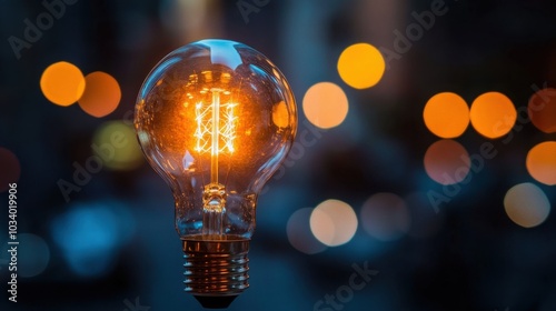 A close-up view of a glowing light bulb with visible filament, suspended against a dark background, creating a warm ambiance in an elegant setting