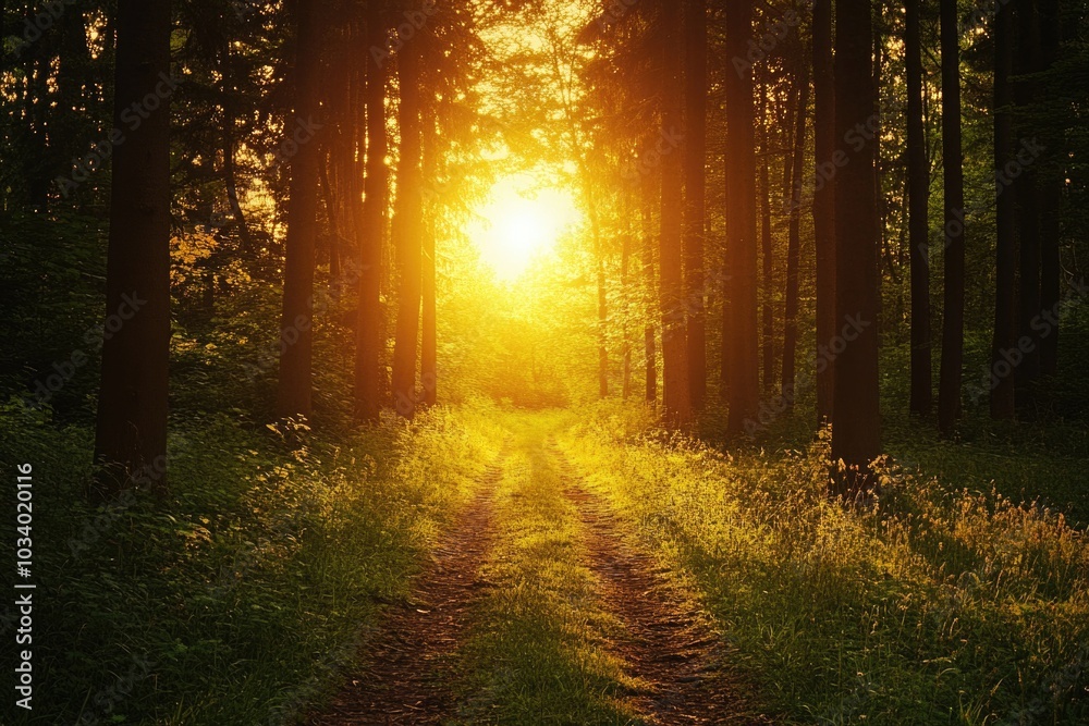 Fototapeta premium Forest scenery with sunlight shining through leaves