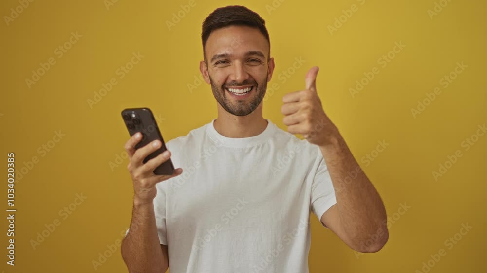 Young hispanic man smiling happily while using smartphone and giving a positive approval sign over isolated yellow background Young hispanic man smiling happily while using smartphone and giving a positive approval sign over isolated yellow background
