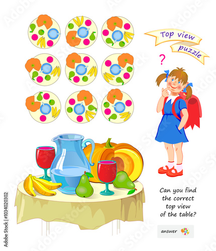 Logic puzzle game for children and adults. Can you find the correct top view of the table? 3D maze. Page for brain teaser book. Develop spatial thinking skills. IQ test. Play online. Vector image.