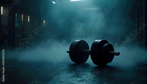 Dark dumbbell resting on a dark gym floor, surrounded by shadows. Perfect for fitness themes, strength training, and showcasing workout environments in a moody aesthetic
