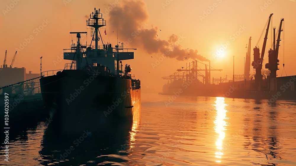 Cargo Ship at Sunset in a Busy Harbor Cargo Ship at Sunset in a Busy Harbor
