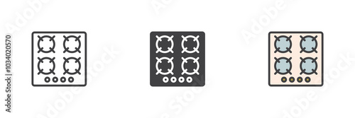 Gas stove top view different style icon set