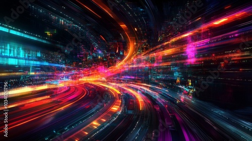 Vibrant High-Tech Background with Flowing Light Trails and Digital Elements