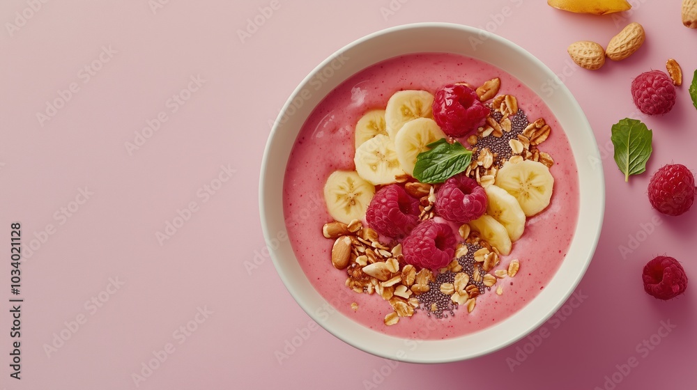 A vibrant breakfast spread showcasing a creamy smoothie bowl topped with bananas, raspberries, granola, and fresh mint on a pink background, promoting healthy eating A vibrant breakfast spread showcasing a creamy smoothie bowl topped with bananas, raspberries, granola, and fresh mint on a pink background, promoting healthy eating