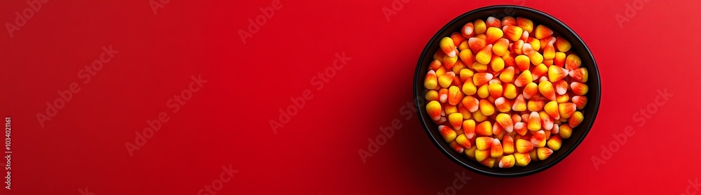 Top View of Halloween Candy Corn in Black Bowl on Red Background Top View of Halloween Candy Corn in Black Bowl on Red Background