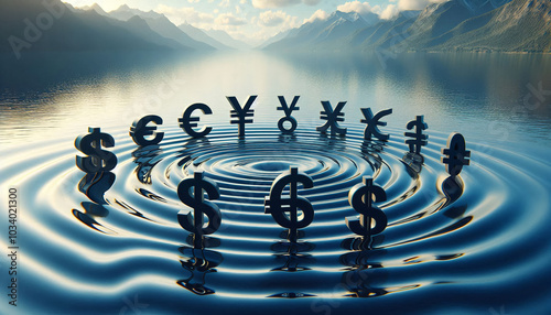 A hyper realistic, A calm lakeside view where ripples on the water are shaped like the symbols of different currencies (dollar, euro, yen, etc.), illustrating the global flow of money and trade.