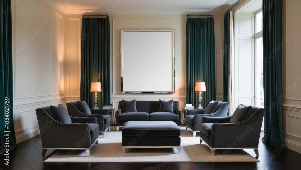 Elegant Interior Room with Large Blank Art Frame – Luxury Decor, Spacious Room, Modern Design Elegant Interior Room with Large Blank Art Frame – Luxury Decor, Spacious Room, Modern Design