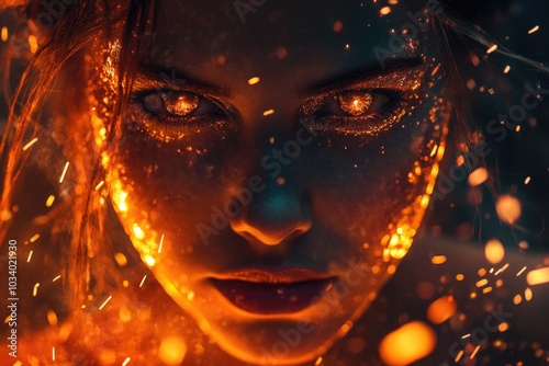 Close-up portrait of a woman with glowing eyes, suitable for dark fantasy or horror themes