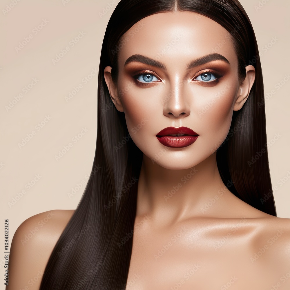 Beautiful model girl with shiny brown and straight long hair . Keratin straightening . Treatment, care and spa procedures. Smooth hairstyle Beautiful model girl with shiny brown and straight long hair . Keratin straightening . Treatment, care and spa procedures. Smooth hairstyle
