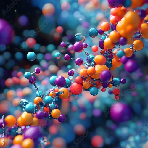 Vibrant digital visualization showcasing the dynamic interactions mergers and splits of numerous colorful drug molecules photo