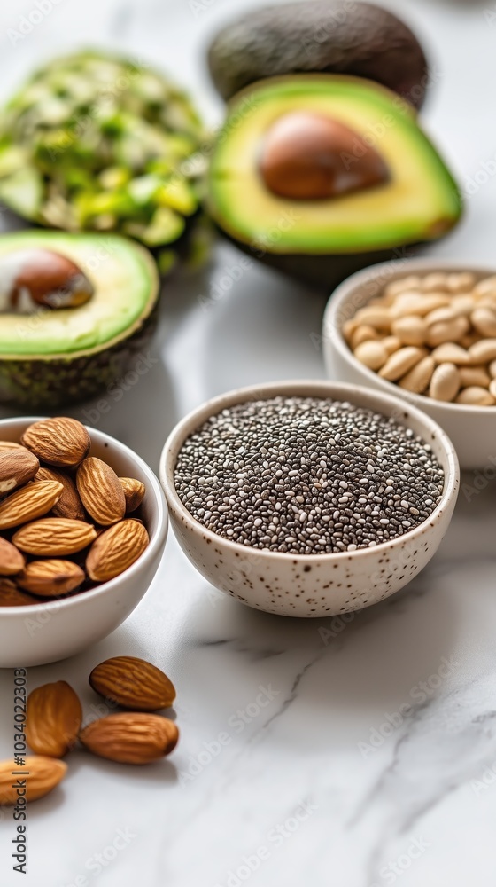Fresh avocados are halved beside bowls filled with chia seeds, almonds, and pine nuts, creating a vibrant and nutritious arrangement in a clean setting Fresh avocados are halved beside bowls filled with chia seeds, almonds, and pine nuts, creating a vibrant and nutritious arrangement in a clean setting