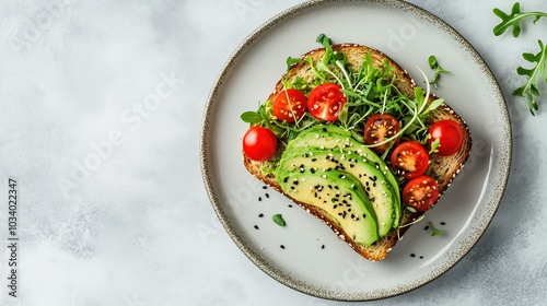 Enjoy a beautifully arranged avocado toast featuring sliced avocado, cherry tomatoes, and fresh sprouts, perfect for a nutritious breakfast or brunch gathering