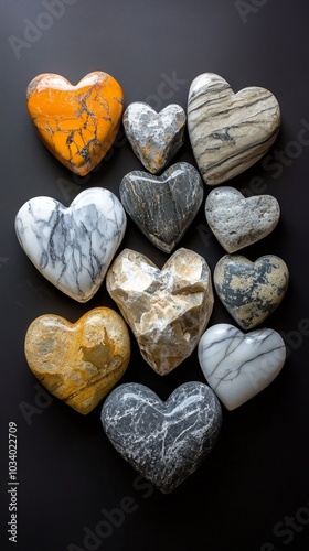 Heart-shaped stones in various colors and patterns arranged on a dark background, symbolizing love and natural beauty. Marble, granite, and quartz textures visible.