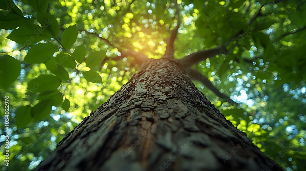 Fototapeta premium A low angle view looking up at the trunk of a large tree, the leaves in the canopy are backlit by the sun.