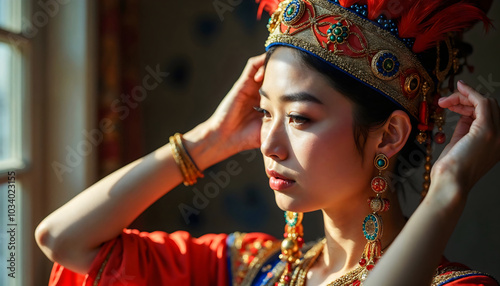 Graceful Portrait of a Woman Wearing Traditional Ornate Headpiece, Red Feathers, and Intricate Jewelry, Bathed in Warm Light, Evoking Cultural Heritage and Timeless Elegance