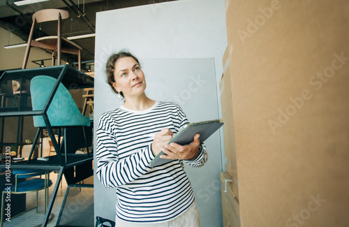 A professional logistician woman registers the cargo in the application. photo