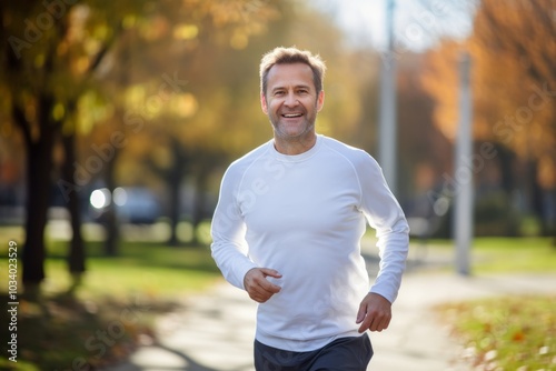 Portrait of a content man in his 40s sporting a long-sleeved thermal undershirt in bright and cheerful park background