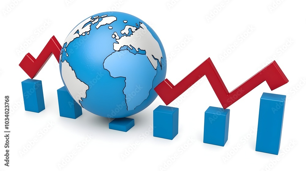 A photograph depicting a globe surrounded by falling prices and collapsing economic indicators symbolizing the global market failure and the broader economic downturn on an isolated background A photograph depicting a globe surrounded by falling prices and collapsing economic indicators symbolizing the global market failure and the broader economic downturn on an isolated background
