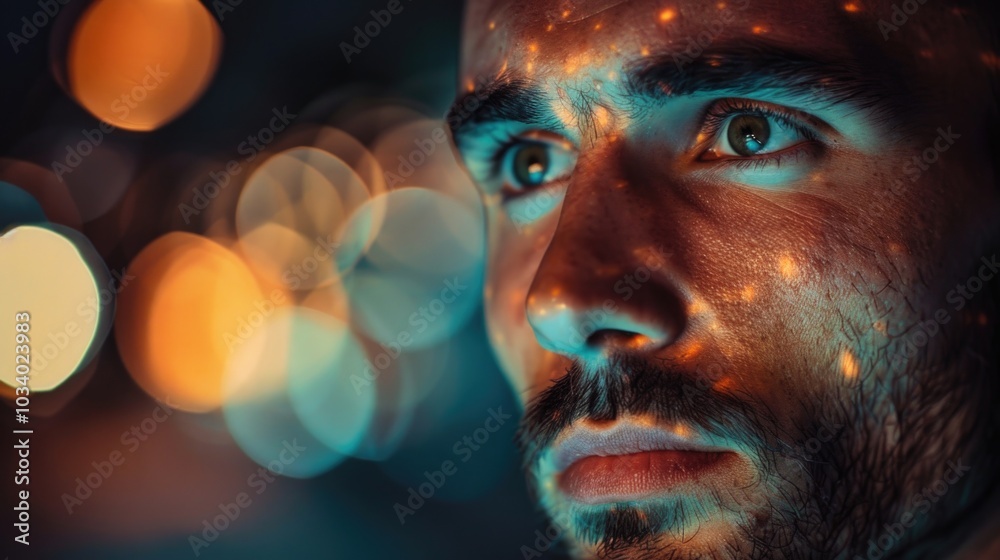 Close-up shot of a person's face illuminated by bright lights, suitable for use in advertising, film or photography projects Close-up shot of a person's face illuminated by bright lights, suitable for use in advertising, film or photography projects