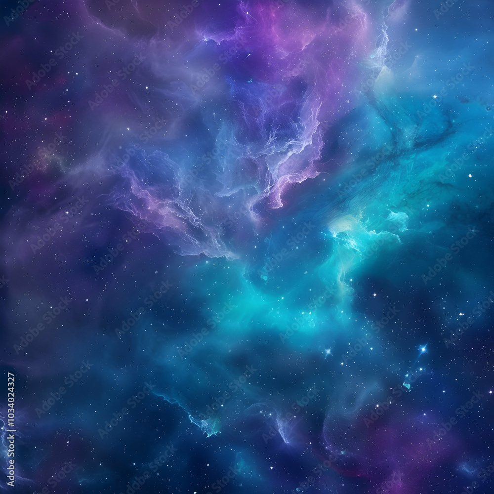 Fototapeta premium A vibrant nebula of blues, purples, and greens in space with stars, a background image for website design. 
