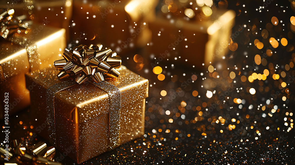 Golden Christmas gift boxes sparkle with festive cheer, surrounded by shimmering lights and falling snowflakes, creating magical holiday atmosphere Golden Christmas gift boxes sparkle with festive cheer, surrounded by shimmering lights and falling snowflakes, creating magical holiday atmosphere