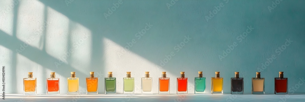 Mesmerizing display of light rays shining through transparent glass perfume bottles casting a spectrum of vibrant iridescent reflections and refractions Mesmerizing display of light rays shining through transparent glass perfume bottles casting a spectrum of vibrant iridescent reflections and refractions