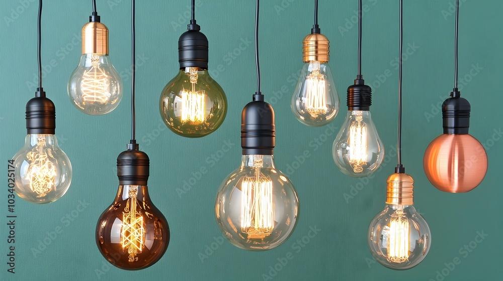 A creative photograph showcasing a collection of light bulbs of various designs and sizes seemingly floating in a minimalist isolated setting A creative photograph showcasing a collection of light bulbs of various designs and sizes seemingly floating in a minimalist isolated setting