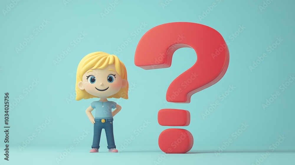 A cheerful 3D cartoon character stands beside a large red question mark against a soft light blue background, embodying curiosity and problem-solving