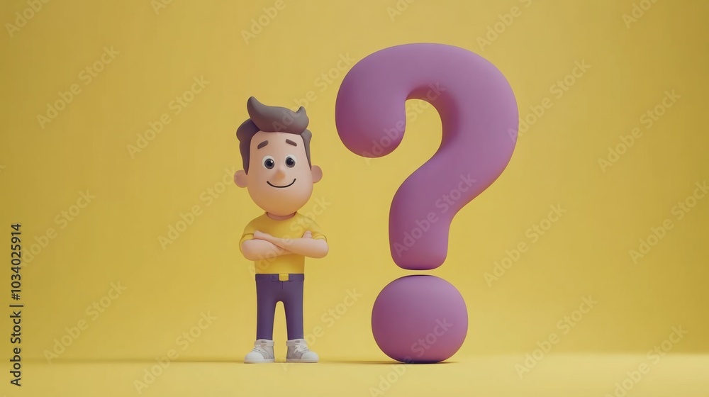 A cheerful 3D character poses next to a floating purple question mark, suggesting inquisitiveness and a playful approach to seeking answers, set against a soft yellow backdrop. A cheerful 3D character poses next to a floating purple question mark, suggesting inquisitiveness and a playful approach to seeking answers, set against a soft yellow backdrop.