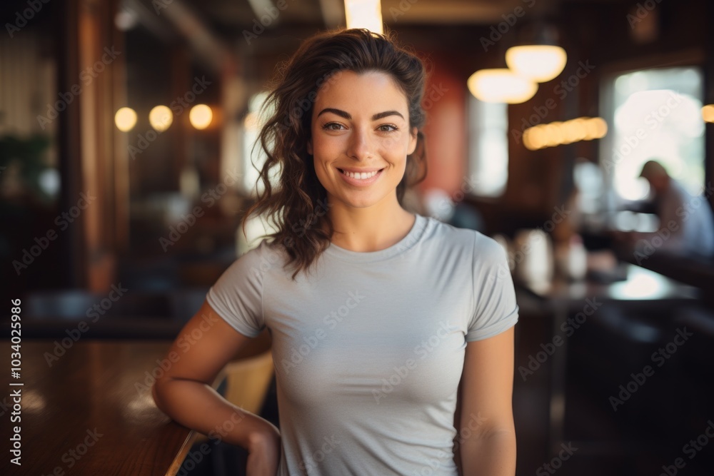 Portrait of a blissful woman in her 20s wearing a moisture-wicking running shirt over serene coffee shop background Portrait of a blissful woman in her 20s wearing a moisture-wicking running shirt over serene coffee shop background