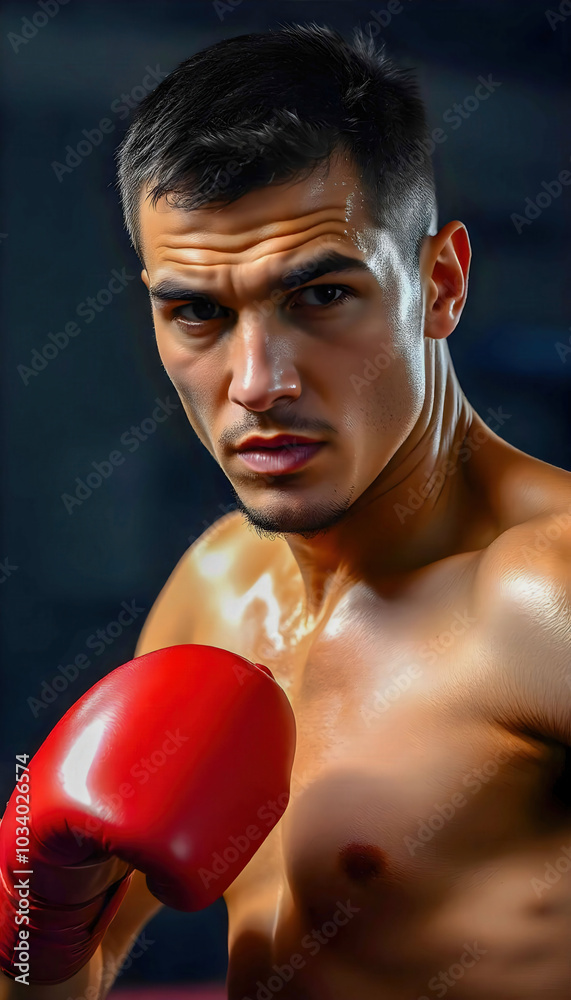 Determined male boxer with intense focus, wearing red gloves and ready for action. Perfect for sports themes, fitness motivation, and capturing the essence of athletic dedication Determined male boxer with intense focus, wearing red gloves and ready for action. Perfect for sports themes, fitness motivation, and capturing the essence of athletic dedication