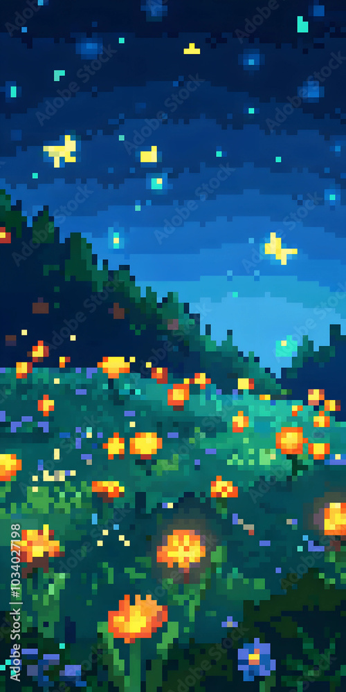 Vibrant Pixel Art Night Sky with Glowing Flowers and Butterflies Vibrant Pixel Art Night Sky with Glowing Flowers and Butterflies