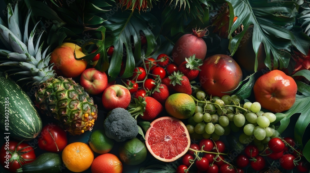 A colorful array of fruits and vegetables, including apples, strawberries, and eggplants, displayed on a lush green background with large leaves, showcasing abundance and freshness. A colorful array of fruits and vegetables, including apples, strawberries, and eggplants, displayed on a lush green background with large leaves, showcasing abundance and freshness.