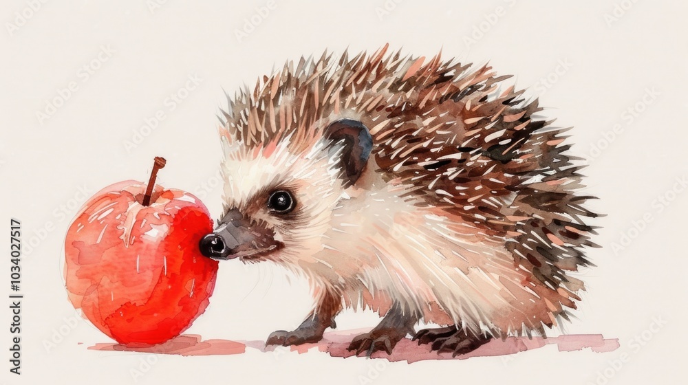 Obraz premium A close-up of a hedgehog's face sniffing an apple on a white surface