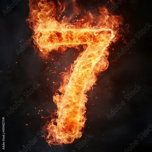 A fiery number 7 surrounded by flames against a dark background. photo