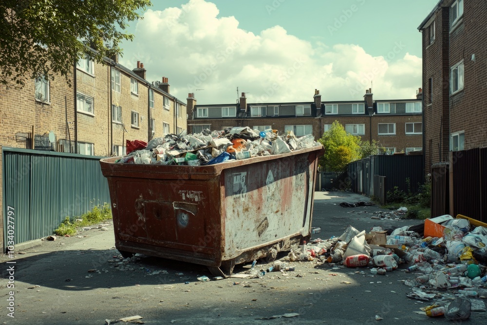 A photo of a dumpster overflowing with trash on a city street A photo of a dumpster overflowing with trash on a city street