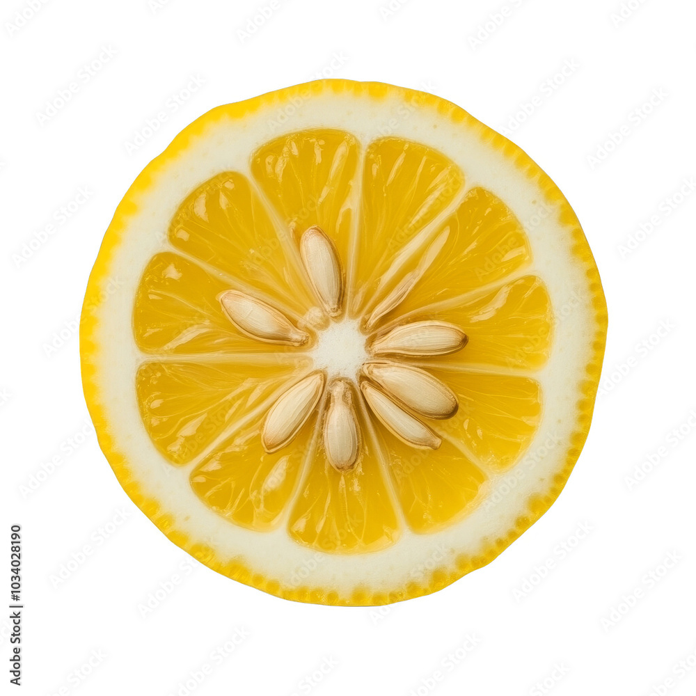 Fresh lemon slice with visible seeds on a white isolated background. Fresh lemon slice with visible seeds on a white isolated background.