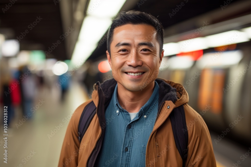 Portrait of a blissful asian man in his 40s sporting a technical climbing shirt while standing against bustling city subway background Portrait of a blissful asian man in his 40s sporting a technical climbing shirt while standing against bustling city subway background