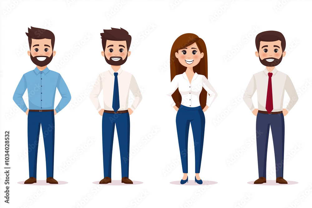 Four diverse colleagues in business attire stand confidently against a plain backdrop Four diverse colleagues in business attire stand confidently against a plain backdrop