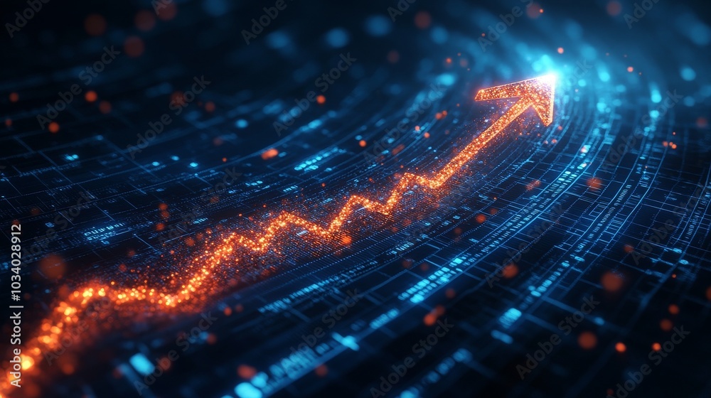 The curved arrow chart with a futuristic feel represents business growth, accompanied by a motion light effect pointing to the upper right corner and a dark blue background The curved arrow chart with a futuristic feel represents business growth, accompanied by a motion light effect pointing to the upper right corner and a dark blue background