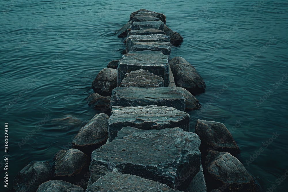 A long stone walkway stretches across a serene body of water, perfect for a peaceful atmosphere or scenic landscape A long stone walkway stretches across a serene body of water, perfect for a peaceful atmosphere or scenic landscape