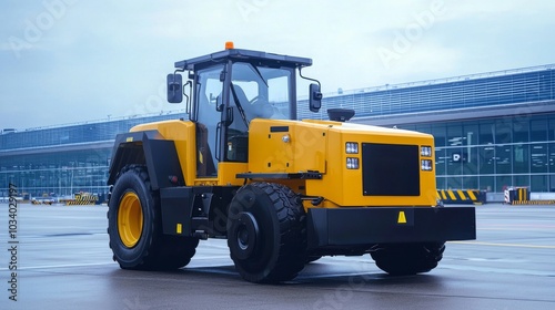 Tow tractor pulling luggage carts at airport apron